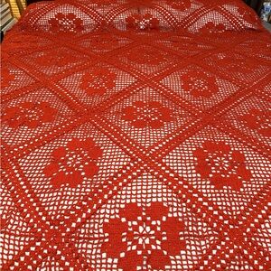 Handmade Crocheted Bedspread in Vibrant Rust/orange red color